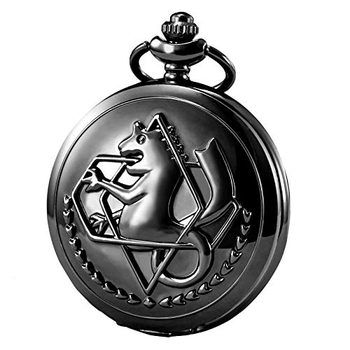 MORFONG Pocket Watch Fullmetal Alchemist Edward Elric Anime with Fob Chain Necklace Box, Black