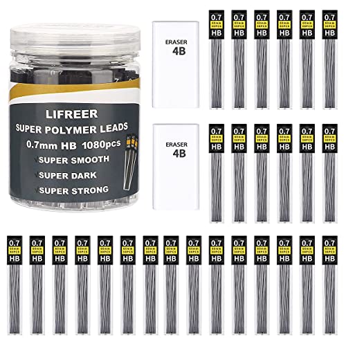 Lifreer 0.7 Lead Refills (1080 Pcs), Unbreakable 0.7 mm Lead Refills and 2 Premium Erasers, Long Lasting HB Pencil Lead 0.7 Refill,Mechanical Pencil Lead 0.7mm for Students & Professionals