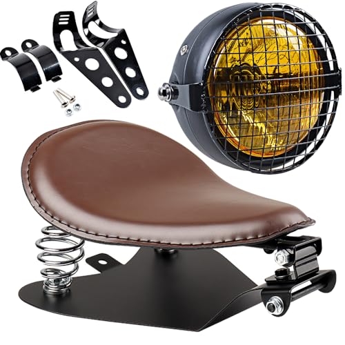 12" Retro PU Leather Solo Seat + 6.5" Amber Lens Headlight w/Grill Cover Mounting Bracket Kit Compatible with Harley Bobber Chopper Custom