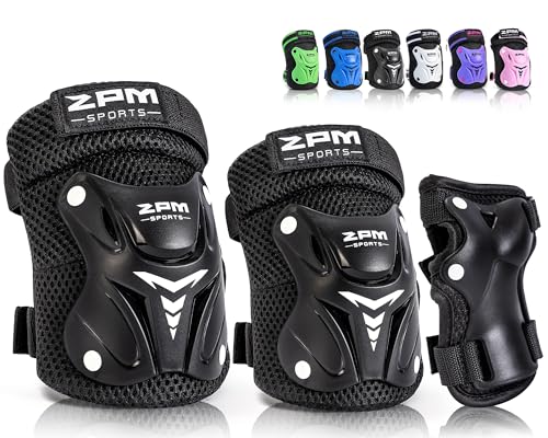 2PM SPORTS Knee Pads for Kids, Wrist Guards Knee and Elbow Pads Set with Drawstring Bag, Protective Gear Set for Girls Boys Roller Skating Cycling Skateboard - Black Medium