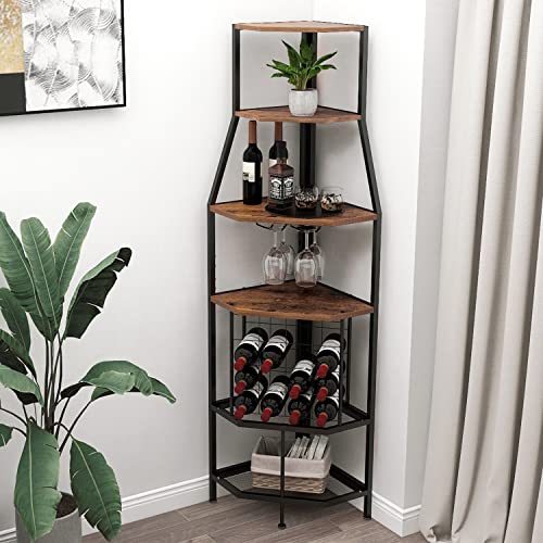 Espelism 5-Tier Corner Wine Rack Floorstanding with Glass Holder and Bottles Wine Storage Home Bar Furniture for Home Kitchen Dining Room Industrial Metal and Wooden Corner Shelf