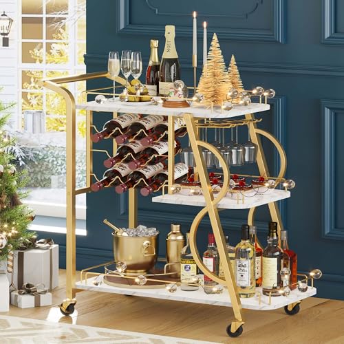 Aubtik Bar Cart, Gold Bar Carts for The Home, Serving Cart with Wine Glass Holder, 3-Tier Drink Carts with Wheels, Rolling Beverage Trolley for Kitchen, Dining, Living Room (Gold & Marbleized White)
