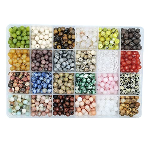 1200pcs 6mm Natural Round Stone Beads Real Gemstone Beading Loose Gemstone Hole Size 1mm DIY Smooth Beads for Bracelet Necklace Earrings Jewelry Making,Box Packed(24 Material -B,6mm)