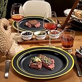 bUCLA 600PCS Black and Gold Disposable Dinnerware Set - Black Plastic Plates Disposable for Party Include 100 Dinner Plates,100 Dessert Plates,100 Knives,100 Forks,100 Spoons,100 Cups