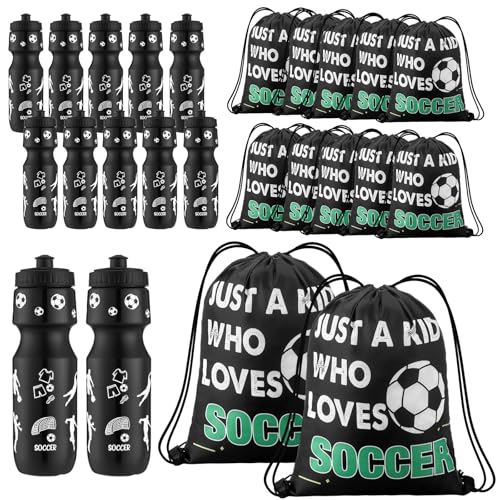 Reallnaive 24 Pcs Soccer Party Favors 24 oz Soccer Gift Water Bottle with Drawstring Bag Set Goodie Bags for Sports Team Gifts Birthday Decoration