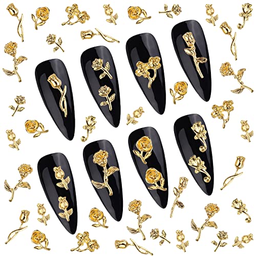 TOROKOM 120 PCS 3D Gold Rose Nail Art Charms Romantic Flowers Nails Decorations Alloy Nail Charms for Girls Women DIY Nail Design Craft Jewelry Making