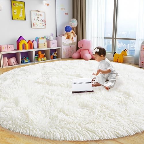 Fluffy Round Rug 8Ft, Cream White Rugs for Bedroom, Large Shag Round Area Rug for Living Room, Fuzzy Circle Rug, Plush Soft Carpet for Girls Boys Kids, Non Slip Rugs for Dorm, Room Decor Aesthetic