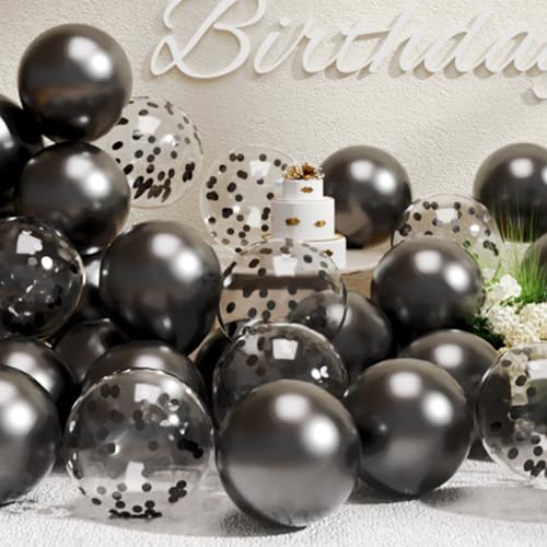 SUWEN Black Metallic Balloons and Confetti Balloons Set 47PCS Latex Helium Chrome Black Balloon for Birthday Graduation Anniversary Party Decorations
