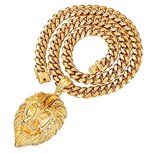 W/W Lifetime Huge Lion Necklace 18K Gold Stainless Steel Head Pendant Necklace Mens Hip Hop Rapper with 14MM Miami Cuban Link Chain 30" (Gold)