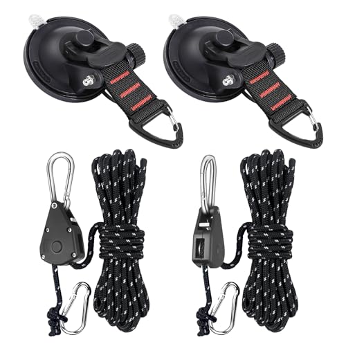CONBOLA Suction Cups Hooks with 1/8" Adjustable Grow Light Hangers 13 ft with Reinforced Metal,Heavy Duty Ratcheting Pulley System for Camping Gardening and Various Tie-Down Uses.(4-Pack Set)