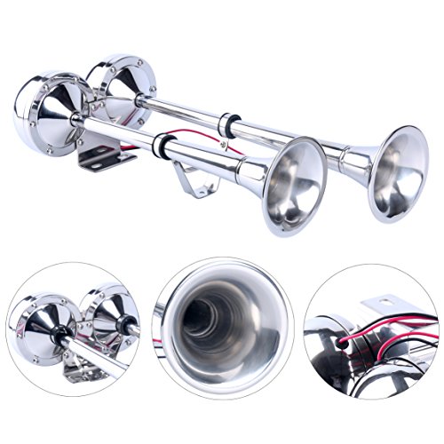 Amarine Made 12v Marine Boat Horn 125db Stainless Steel Dual Trumpet Horn for Ship Truck RV Trailer, Low and High Tone, 18-1/2"