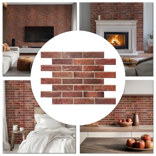CONCORD WALLCOVERINGS ™ 3D Red Faux Brick Wall Panels - Pack of 10, Lightweight 17.5" x 24" (44.5 cm x 61 cm) PVC Sheets, Realistic Stone, Living Room & Kitchen Decorative Tiles - Covers 29.16 Sq Ft