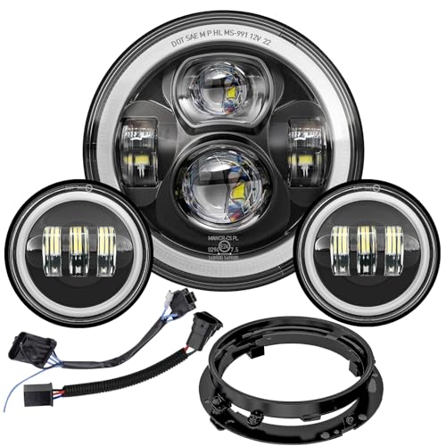 7 Inch Motorcycle LED Headlight 4.5" Fog Passing Lamps DOT Kit for Harley Davidson Street Glide Road King Electra Glide Fat boy Ultra Classic Heritage Softail Deluxe CVO Tri Glide Switchback Indian