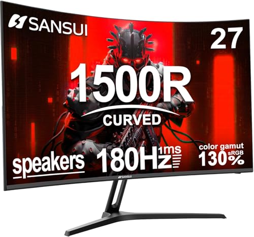 SANSUI 27 Inch Curved Gaming Monitor 180Hz 1ms with Speakers FHD 1080P Computer Monitor FreeSync|1500R|130% sRGB|HDR|Low Blue Light|HDMI DP Ports|VESA Mount|Metal Stand(ES-G27C1 HDMI Cable Incl.)
