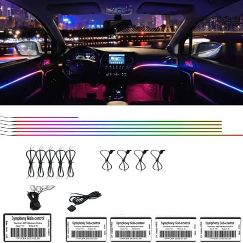 Acrylic Interior Car LED Strip Light APP Control, RGB Symphony Color 14 in 1 with 175 inches 570 LEDs Fiber Optic Ambient Lighting Kits, 16 Million Colors Sound Active Function Car Neon Lights