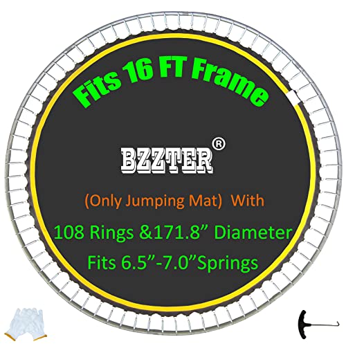 Bzzter Replacement Trampoline Mat Fits 16 Foot Frame, Trampoline mat 16ft 108 Rings 171.8" Diameter Fits 6.5"-7.0" Spring, Not 16ft Diameter Mat,16ft Trampoline Mat，w/Pull Hook and Gloves