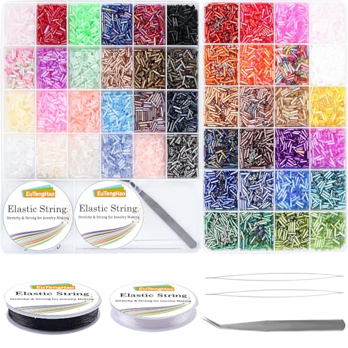 EuTengHao 14400pcs Tube Beads Kit, Glass Bugle Seed Beads Small Craft Beads for DIY Crafting Jewelry Making Supplies (7mm, 300 Per Color, 48 Colors)
