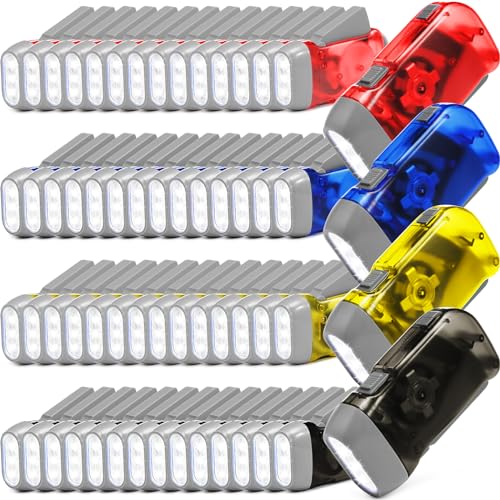 Treela 60 Pack Hand Crank Flashlight Bulk Squeeze Flashlight No Battery Required Torchlight with 3 LED Self Powered Charging Torch Dynamo for Camping Hiking Emergency(Yellow, Gray, Blue, Red)