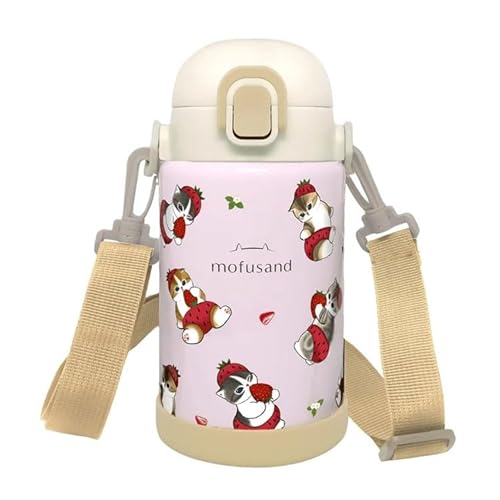 Mo fusand Japanese Kawaii Cat Stainless Steel Water Bottle – 24oz | One-Touch Lid | Hot & Cold Insulated | Shoulder Strap | Strawberry & Nyanpants Design