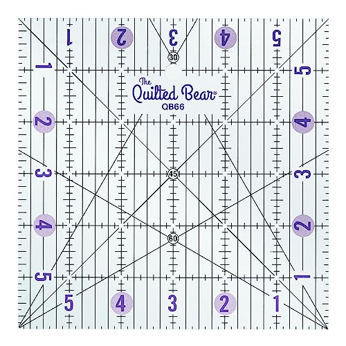 The Quilted Bear Quilting Rulers - Transparent Acrylic Non Slip Quilting, Patchwork & Sewing Ruler with Clear Black Lines & 30, 45 & 60 Degree Angles (6" x 6")