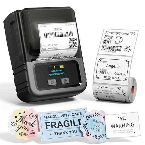Phomemo M120 Label Maker, 2 Inch Barcode Printer, Portable Thermal Label Maker for Small Bussiness, Barcode, QR Code, Name, Address, Logo, Clothing, Office, Home, Sticker Printer for Phone/PC/Tablet