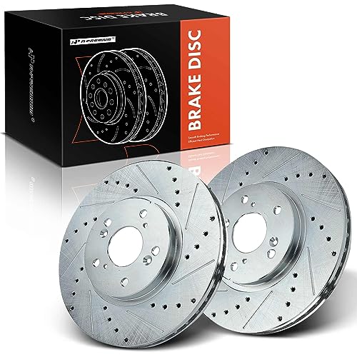 A-Premium 11.81 inch (300mm) Front Drilled and Slotted Disc Brake Rotors Compatible with Select Honda and Acura Models-2012, Pilot 2003-2008, TSX 04-14, Odyssey 99-04, TL 99-08, MDX, CL