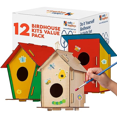 12 DIY Bird House Kits For Children to Build - Wood Birdhouse Kits for Kids to Paint - Unfinished Wood Bird Houses to Paint for Kids - Wood Craft Project Kits - Wooden Arts & Craft for Girls & Boys