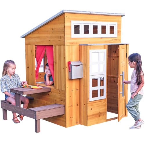 KidKraft Modern Outdoor Wooden Playhouse with Picnic Table, Mailbox and Outdoor Grill ,Gift for Ages 3+