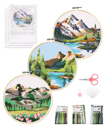 Santune 3 Sets Embroidery Kit for Beginners,Cross Stitch Needlepoint Kits for Adults Starter with Easy Snowy Mountain Patterns,Mothers Day Gifts