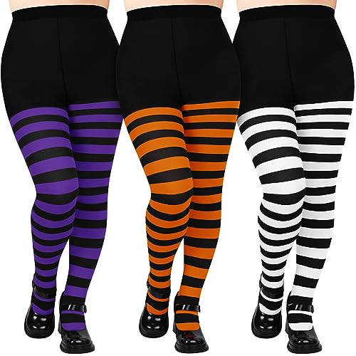 Hercicy 3 Pairs Women Plus Size Halloween Tights - Striped, Colorful Leggings with Footed Tights for Halloween