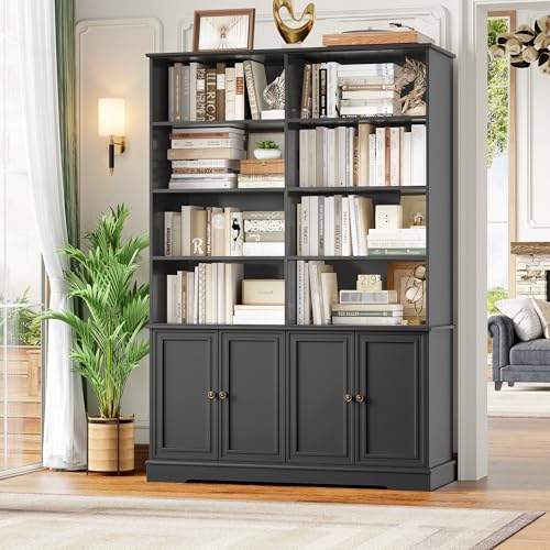 FINETONES 73" Tall Bookshelf with Doors, Double Wide Bookcases and Bookshelves, Tall Bookcase with Cabinet, Storage Cabinets with 4 Doors, Large Display Bookshelf for Home Office, Black