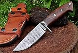 TIGEROUS Handmade Damascus Hunting Knife with Scout Horizontal Carry Leather Sheath, Full Tang Fixed Blade Knife for Camping, Hiking, Skinning, Survival, Gifts for Mens (Walnut Wood)