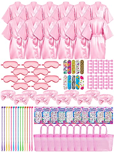Xuhal 92 Pcs Spa Party Favors for Girls Slumber Party Supplies Kids Satin Robes Sleepover with Gift Bags for Girl Kids Birthday Gifts Total 10 Sets(Pink,10)