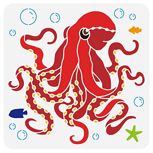 FINGERINSPIRE Octopus Pattern Stencil for Painting - 11.8x11.8 inch Reusable Sea Creatures Craft Stencil Template for Wall, Cabinets, Window, Canvas