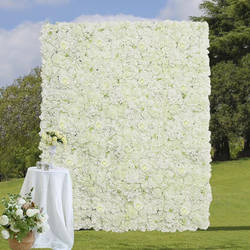 White Artificial Flower Wall Backdrop: 7.5ftx3.74ft Roses Wall Background Panels 3D Floral Wall Decor for Wedding Anniversary Party