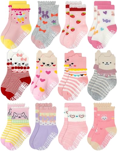 RATIVE Non Skid Anti Slip Cotton Dress Crew Socks With Grips For Baby Infant Toddler Kids Girls (6-12 Months, RG-820821)