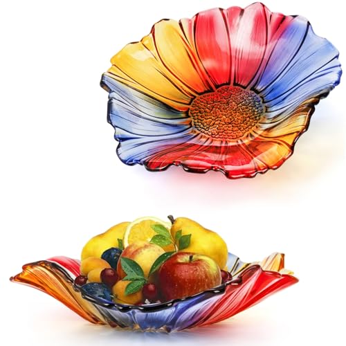 Dicunoy 2 Pack Glass Fruit Bowls, 10" Colorful Vegetable Fruit Plate for Kitchen Counter Table, Modern Creative Stylish Candy Dish, Decorative Sunflower Bowls for Home, Table Centerpieces