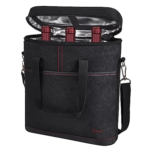 Tirrinia Insulated Wine Gift carrier - 3 Bottle Travel Padded Wine Carry Cooler Tote Bag with Handle and Adjustable Shoulder Strap, Black