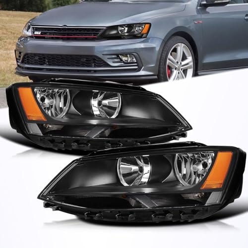 Headlights Assembly Compatible with 2011-2018 VW Jetta MK6 without DRL Halogen Headlamp Driver & Passenger Side, Black Housing Amber Side