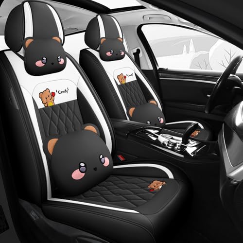 BBKVF Cartoon Bear car seat Cover 5 Set for Girl Women with PU Leather for Cars SUV Pick-up Truck Universal Fit Set (Black)