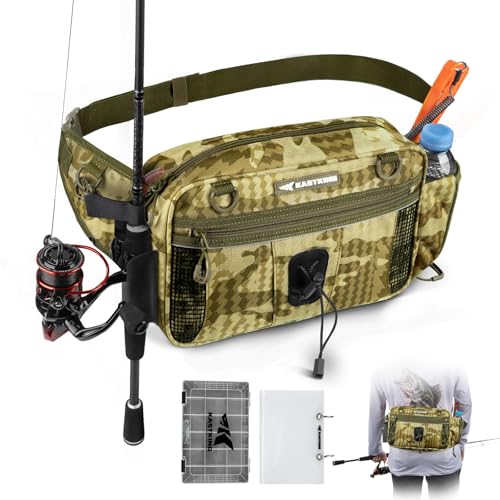 KastKing BaitSpace Waist Bag – Waterproof Tackle Storage Bag With Adjustable Belt, Fishing Fanny Pack for Men, Soft Bait Organizer, 3600 Utility Box, Rod Holder, Nylon, Khaki Camo