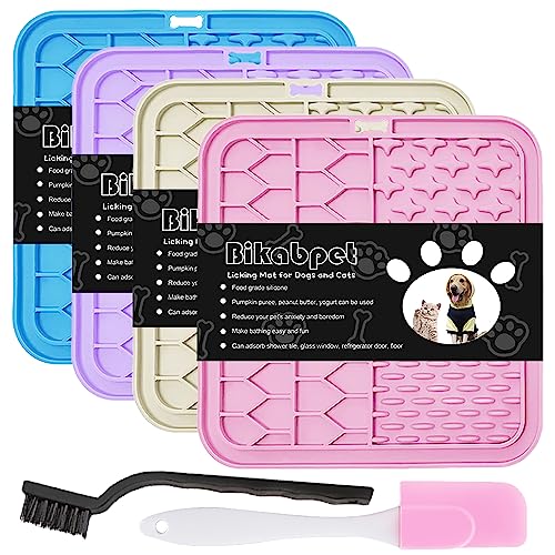 Bikabpet Lick Mat for Dogs and Cats，Cat Licking Pad with Suction Cups for Dog Anxiety Relief，Dog Peanut Butter Lick Pads for Dogs Perfect for Bathing Grooming,Slow Feeders for Dogs and Cats,4Pack