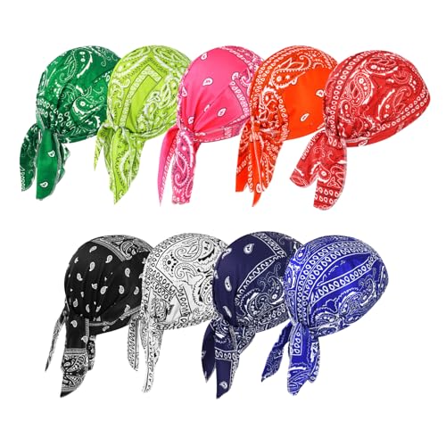 DOCILA Do Rags Skull Cap for Men Women Vintage Paisley Helmet Liner Bandana Sweat Wicking Motorcycle Durags Cycling Head Wrap Boho Outfits Gifts 9 Pack Colorful