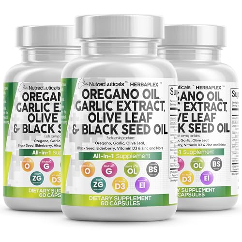 Clean Nutraceuticals Oregano Oil Garlic Extract Olive Leaf Black Seed Oil - Immune Support & Digestive Health Supplement for Women and Men with Vitamin D3 & Zinc - 3Pack