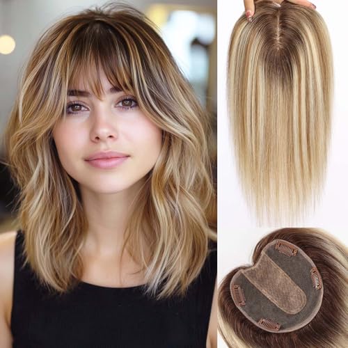 starluck 5x5 inch Lage Silk Base 14 Inch Real Human Hair Toppers,60 Gram, 100% Real Human Hair Toppers for Women with thinning hair loss（Blonde Mixed Warm Brown with Dark Brown Roots, With Bangs）