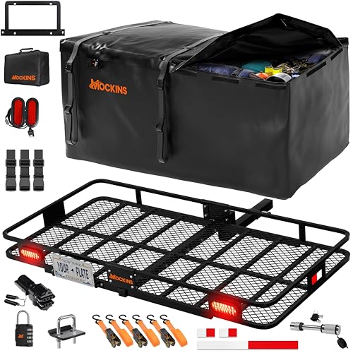 Mockins XXL 72"x36"x6" Folding Trailer Hitch Cargo Carrier w/ 50 CuFt Waterproof Cargo Bag for Hitch Carrier | 500 Lbs Cap Luggage Rack for SUV Car & Truck w/Rear Lights, License Plate Holder & More