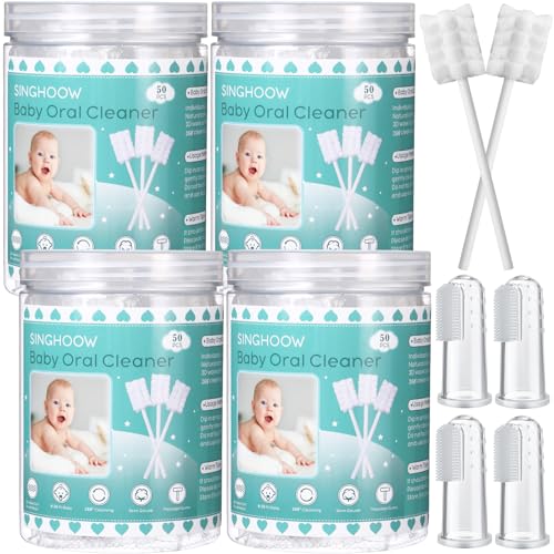 Singhoow 200 Pieces Baby Tongue Cleaner Disposable Infant Oral Cleaner with 4 Pieces Finger Toothbrush Soft Gauze Baby Mouth Newborn for Tooth Mouth Gum Dental Care(Blue)