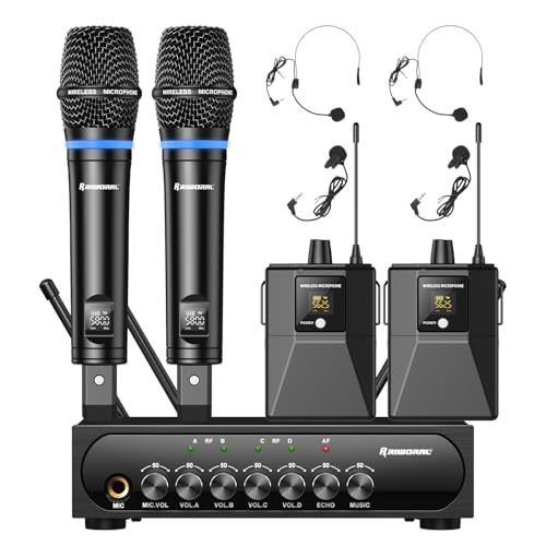 Wireless Microphone System 4 Channel UHF Wireless Mic Set with Handheld/Bodypack/Headset/Lapel Mics with Bluetooth Receiver Box + Volume Control Echo for Karaoke PA DJ Party