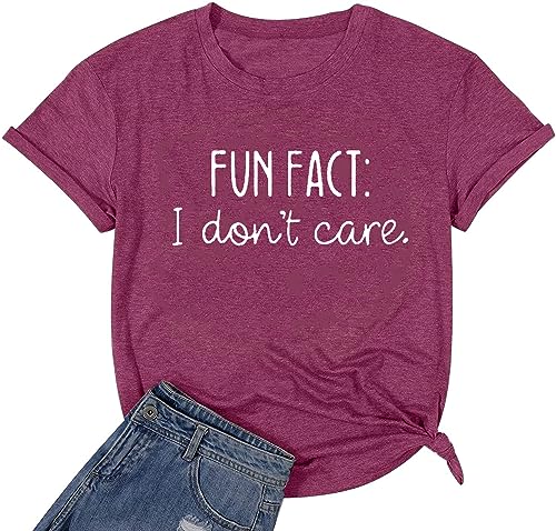 Calvin Fun Fact l Don't Care Letter Print T-Shirt for Women Funny Sayings Graphic Tees-L Purple