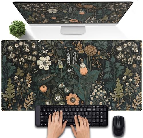 Dark Flower Desk Mat Floral Plants Mouse Pad, Aesthetic Wildflowers Large Gaming Mousepad Desk Pad, XXL Keyboard Mouse Mat Full Desktop Mat Women Office Desk Accessories Cover Mat 31.5"x15.75"